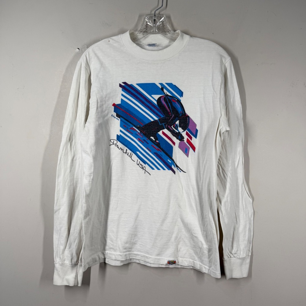 Vtg Crazy Shirts Hawaii Downhill USA Skiing Long Sleeve T-Shirt White Sz M FLAWS